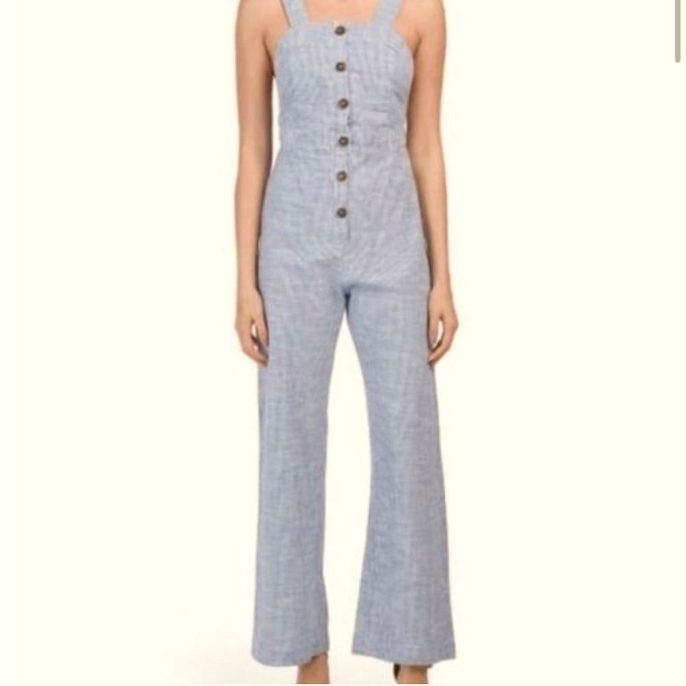 Japna Blue‎ White Stripe Cotton Jumpsuit Button Front Wide Leg Streetwear Sz M